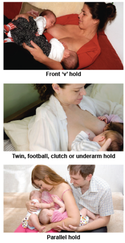 Images showing different positions for breastfeeding twins.